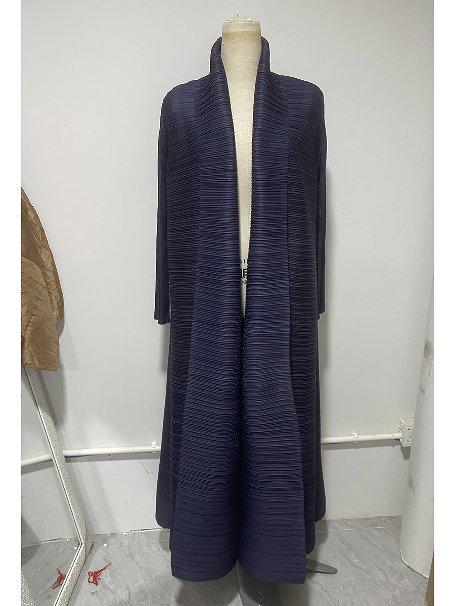 Miyake Pleated Turndown Collar Long Sleeve Cardigan Dress Long Coats Women New Abaya Fashion Solid Loose Large Size Clothes
