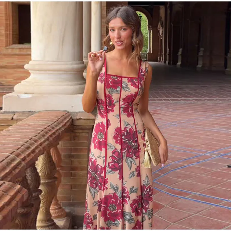 Women Printed V Neck Long Dress Flared Sleeve Lotus Leaf Edge High Waist Slim Fit Maxi Dresses Lady Elegant Evening Party Dress