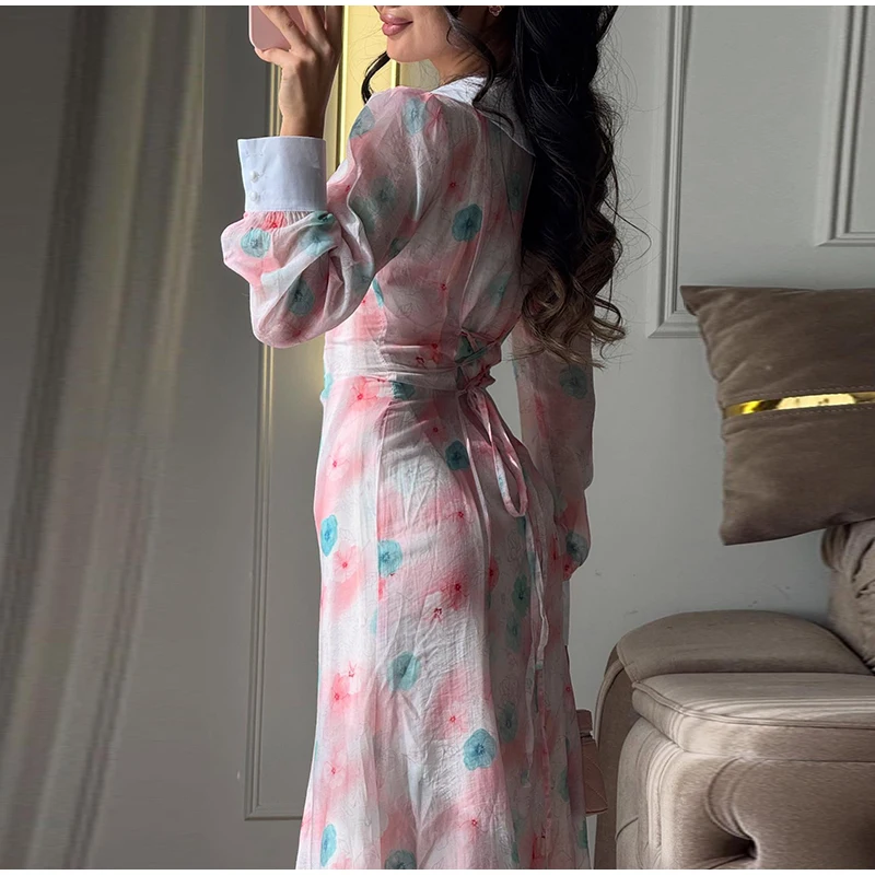 Women Printed V Neck Long Dress Flared Sleeve Lotus Leaf Edge High Waist Slim Fit Maxi Dresses Lady Elegant Evening Party Dress