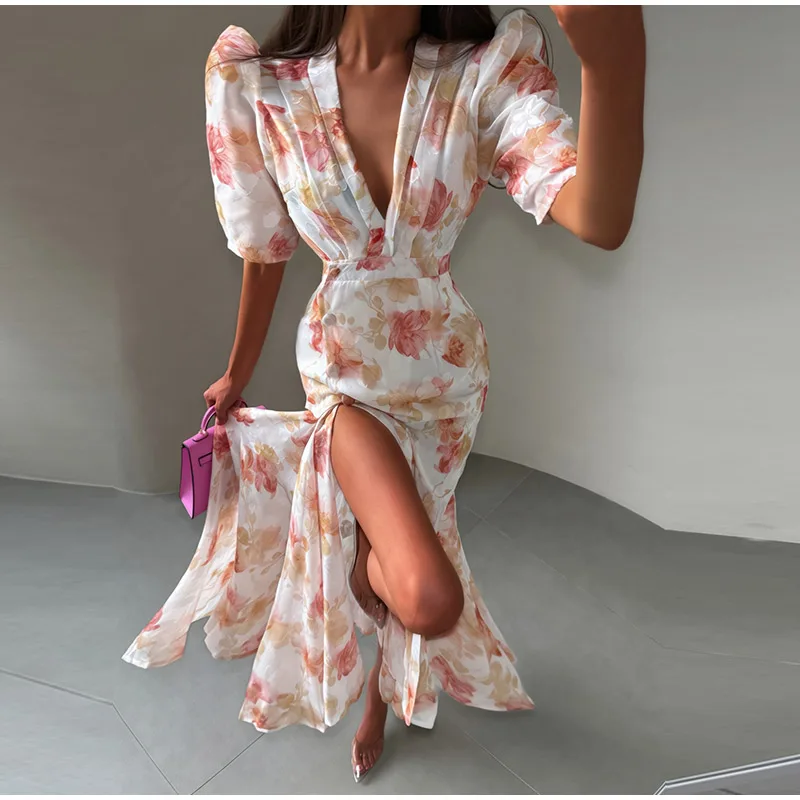 Women Printed V Neck Long Dress Flared Sleeve Lotus Leaf Edge High Waist Slim Fit Maxi Dresses Lady Elegant Evening Party Dress