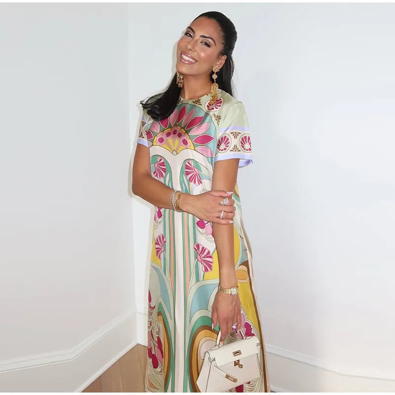 Women Printed V Neck Long Dress Flared Sleeve Lotus Leaf Edge High Waist Slim Fit Maxi Dresses Lady Elegant Evening Party Dress