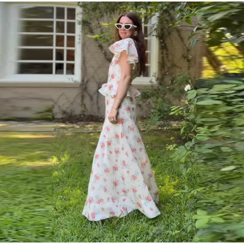 Women Printed V Neck Long Dress Flared Sleeve Lotus Leaf Edge High Waist Slim Fit Maxi Dresses Lady Elegant Evening Party Dress