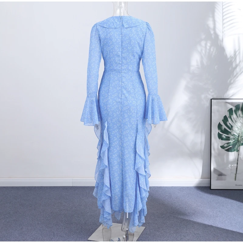 Women Printed V Neck Long Dress Flared Sleeve Lotus Leaf Edge High Waist Slim Fit Maxi Dresses Lady Elegant Evening Party Dress