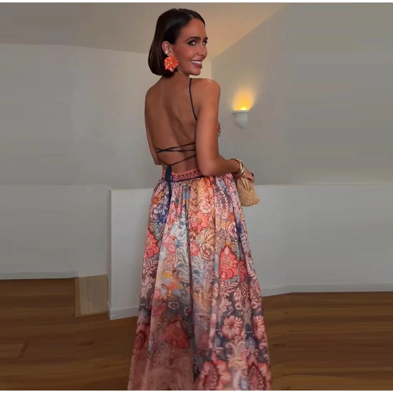 Women Printed V Neck Long Dress Flared Sleeve Lotus Leaf Edge High Waist Slim Fit Maxi Dresses Lady Elegant Evening Party Dress