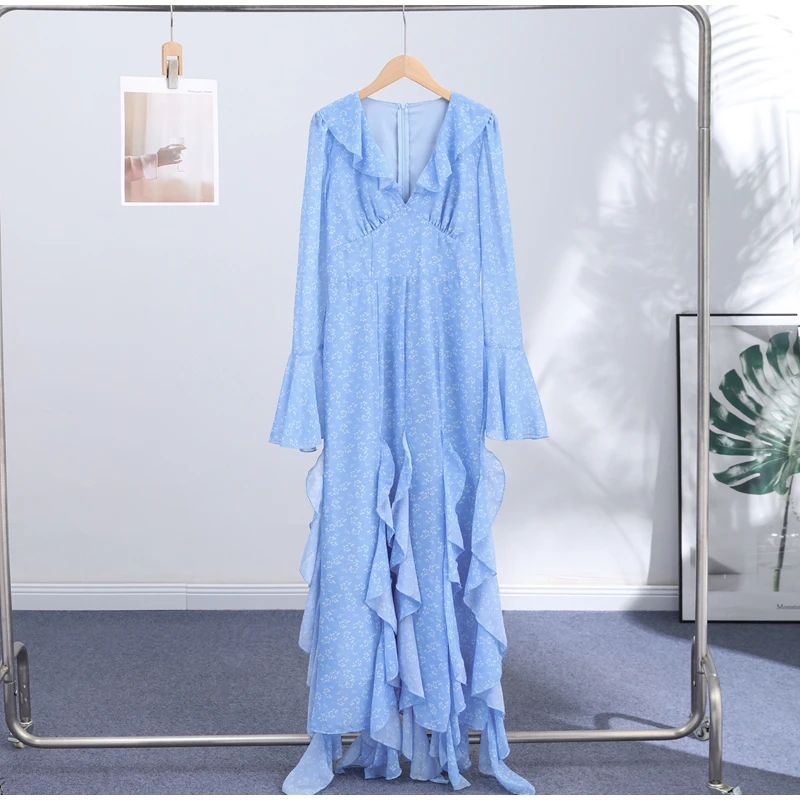Women Printed V Neck Long Dress Flared Sleeve Lotus Leaf Edge High Waist Slim Fit Maxi Dresses Lady Elegant Evening Party Dress