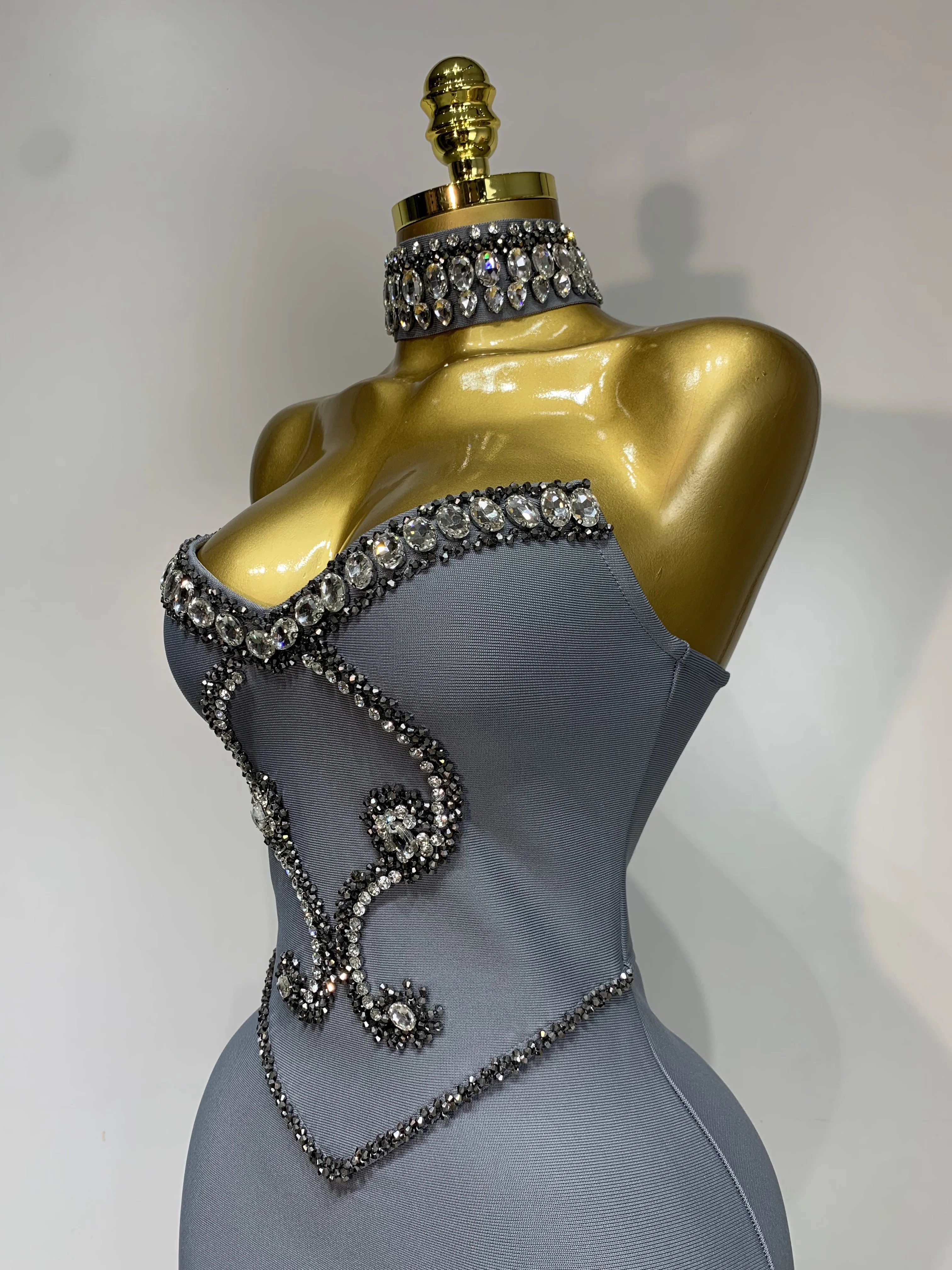 High Quality Strapless Beading With Necklace Bandage Dress Celebrity Elegant Evening Party Fancy Club Birthday Dresses