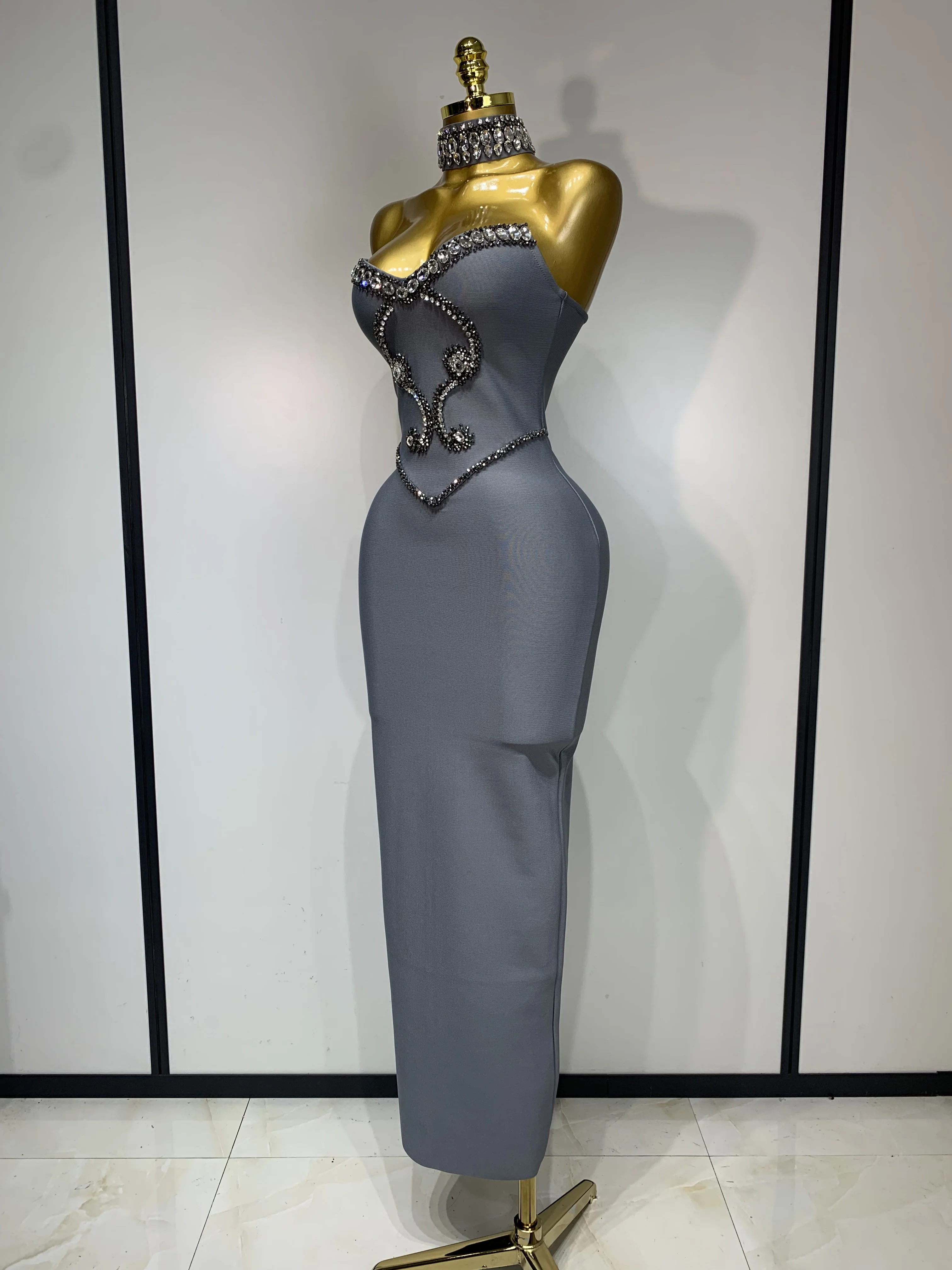 High Quality Strapless Beading With Necklace Bandage Dress Celebrity Elegant Evening Party Fancy Club Birthday Dresses