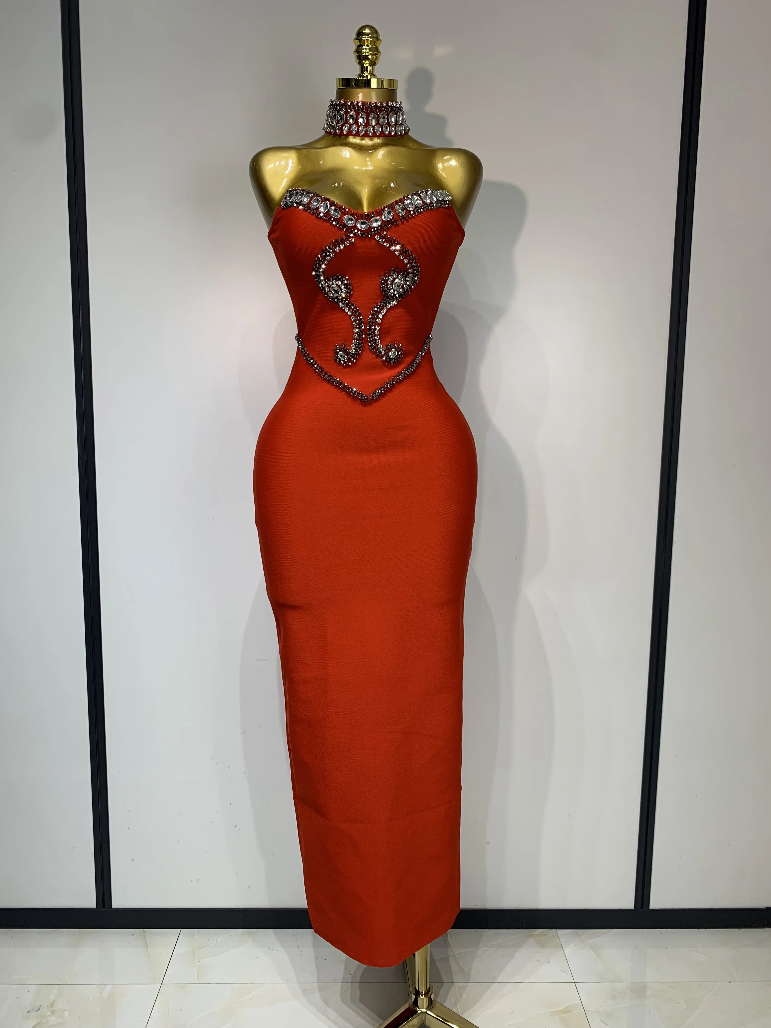High Quality Strapless Beading With Necklace Bandage Dress Celebrity Elegant Evening Party Fancy Club Birthday Dresses