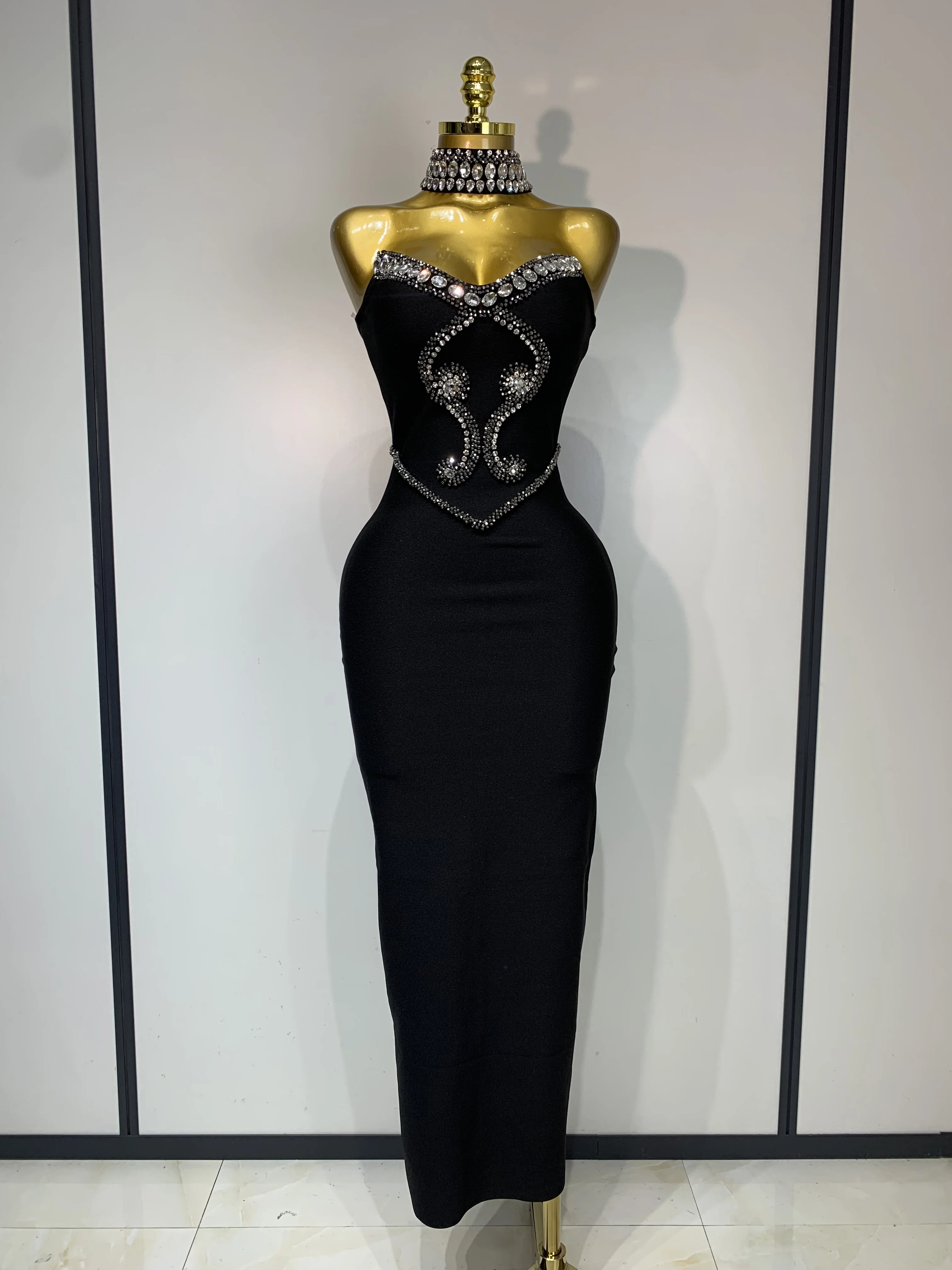 High Quality Strapless Beading With Necklace Bandage Dress Celebrity Elegant Evening Party Fancy Club Birthday Dresses