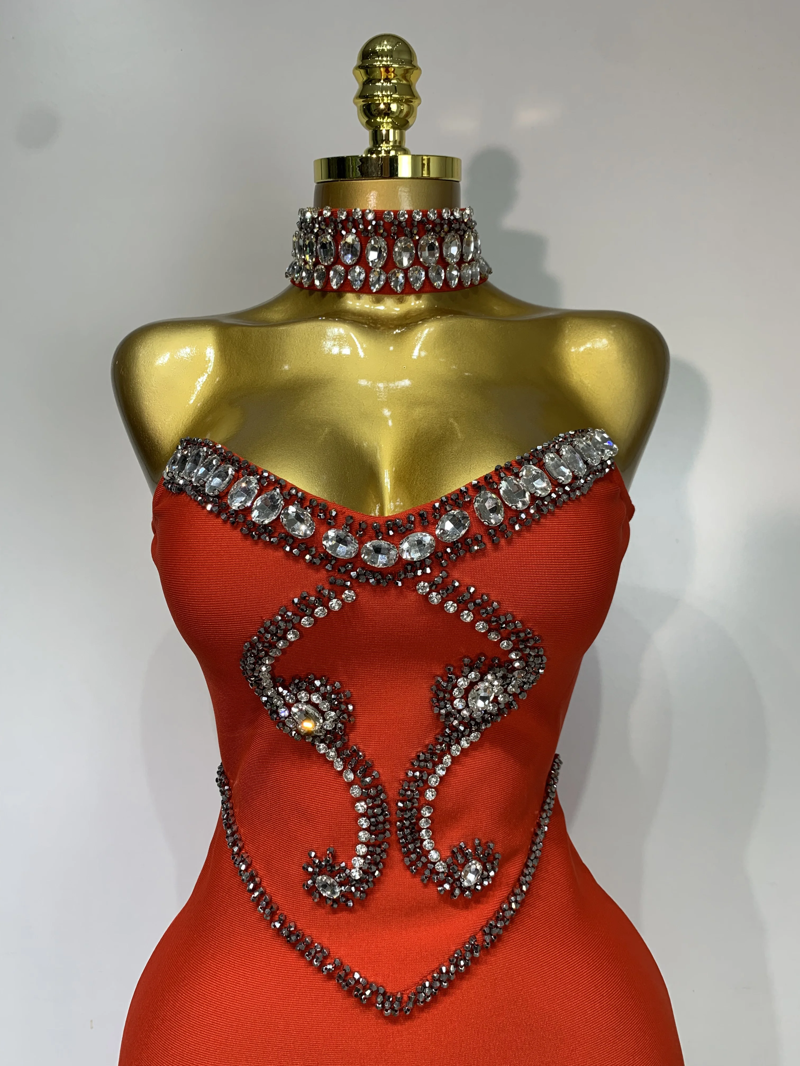 High Quality Strapless Beading With Necklace Bandage Dress Celebrity Elegant Evening Party Fancy Club Birthday Dresses