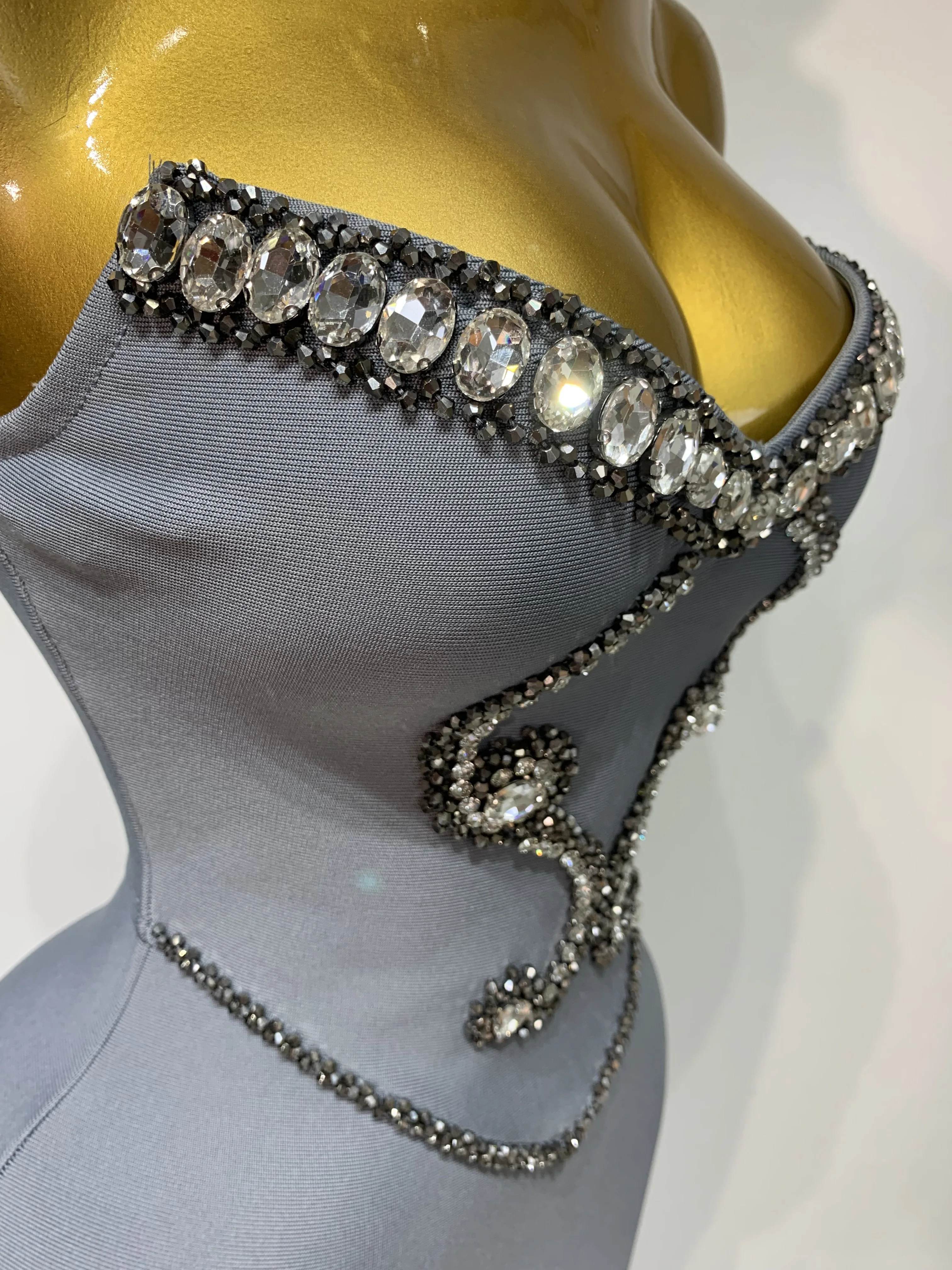 High Quality Strapless Beading With Necklace Bandage Dress Celebrity Elegant Evening Party Fancy Club Birthday Dresses