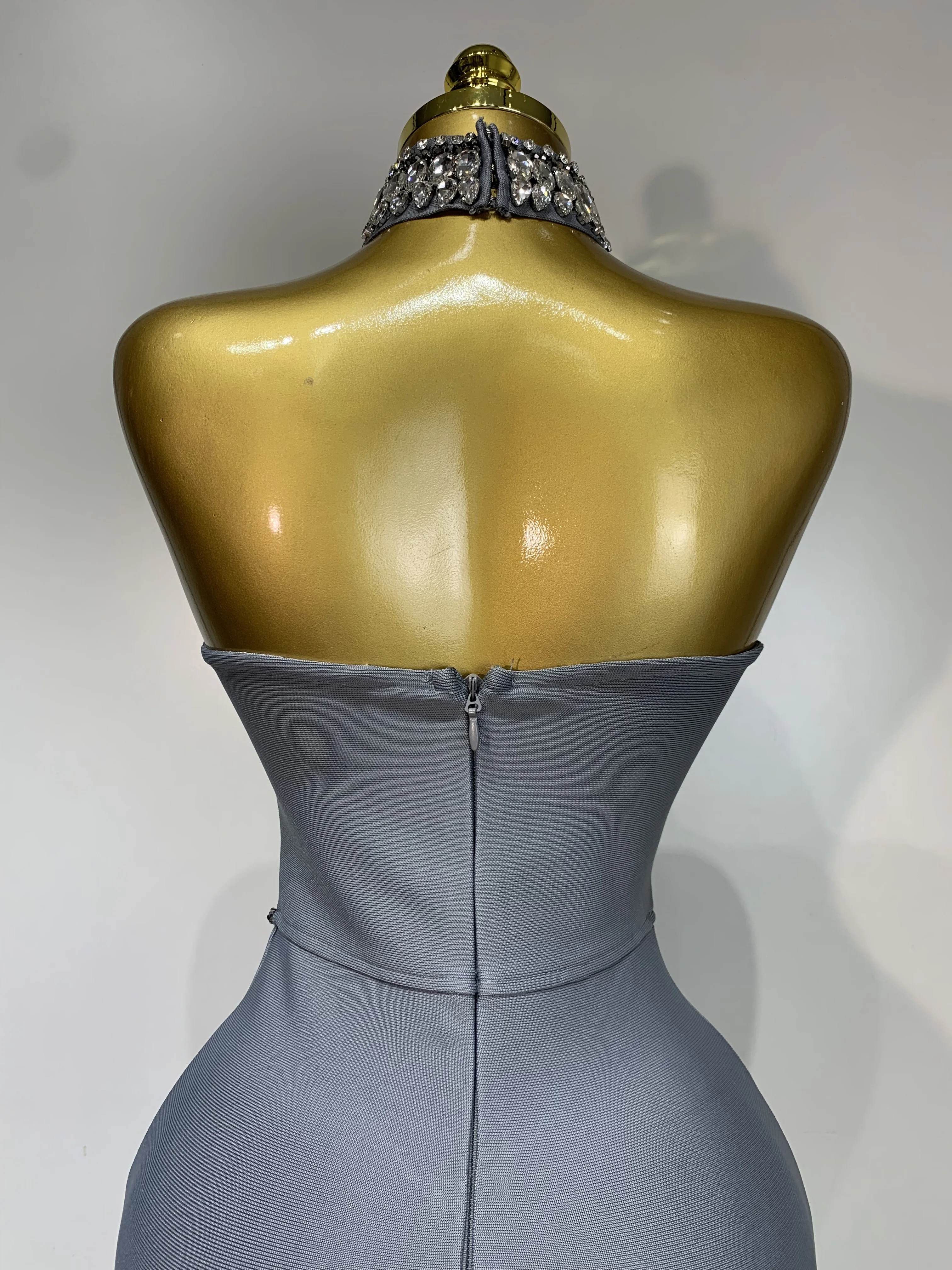 High Quality Strapless Beading With Necklace Bandage Dress Celebrity Elegant Evening Party Fancy Club Birthday Dresses