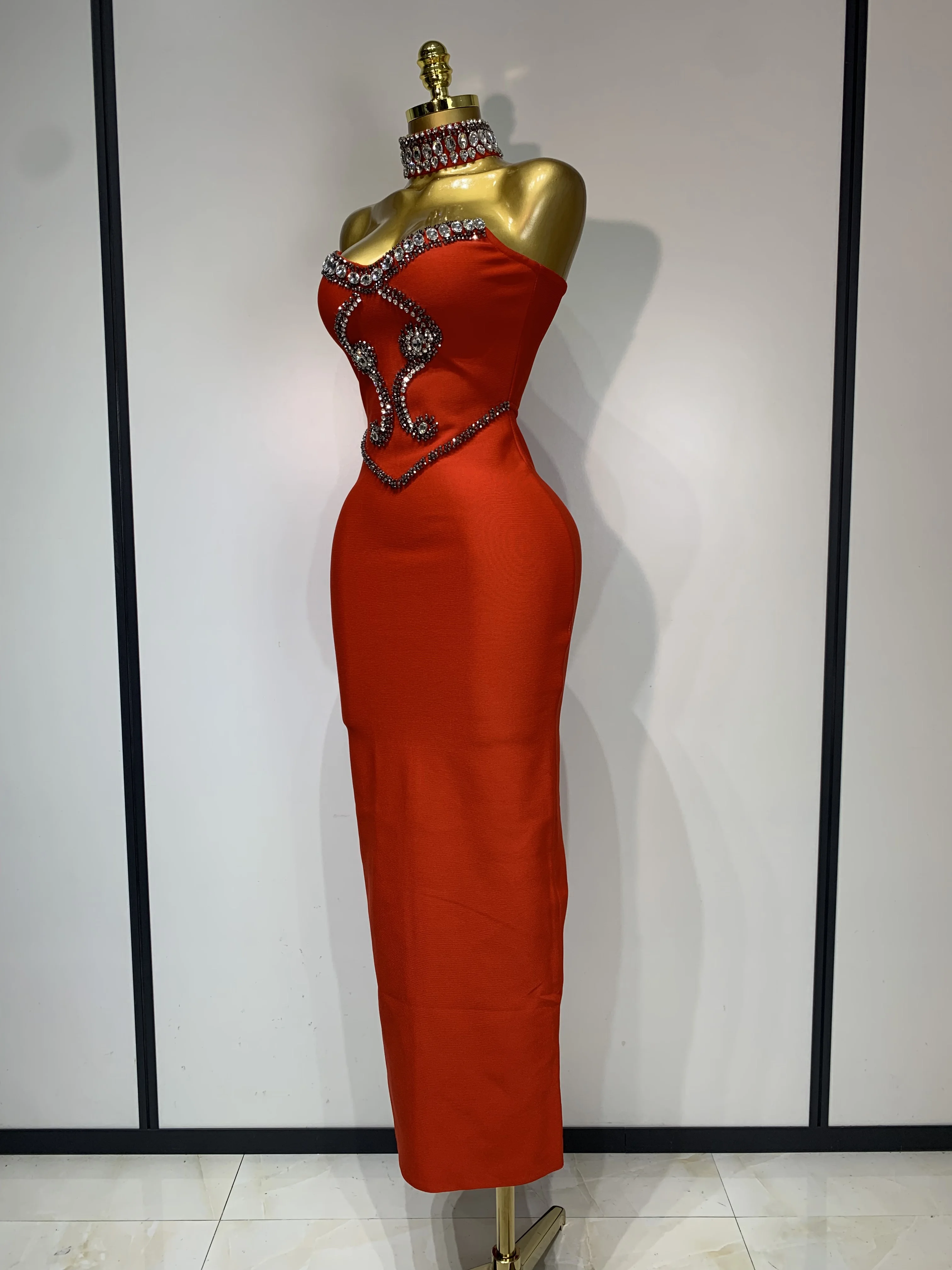 High Quality Strapless Beading With Necklace Bandage Dress Celebrity Elegant Evening Party Fancy Club Birthday Dresses