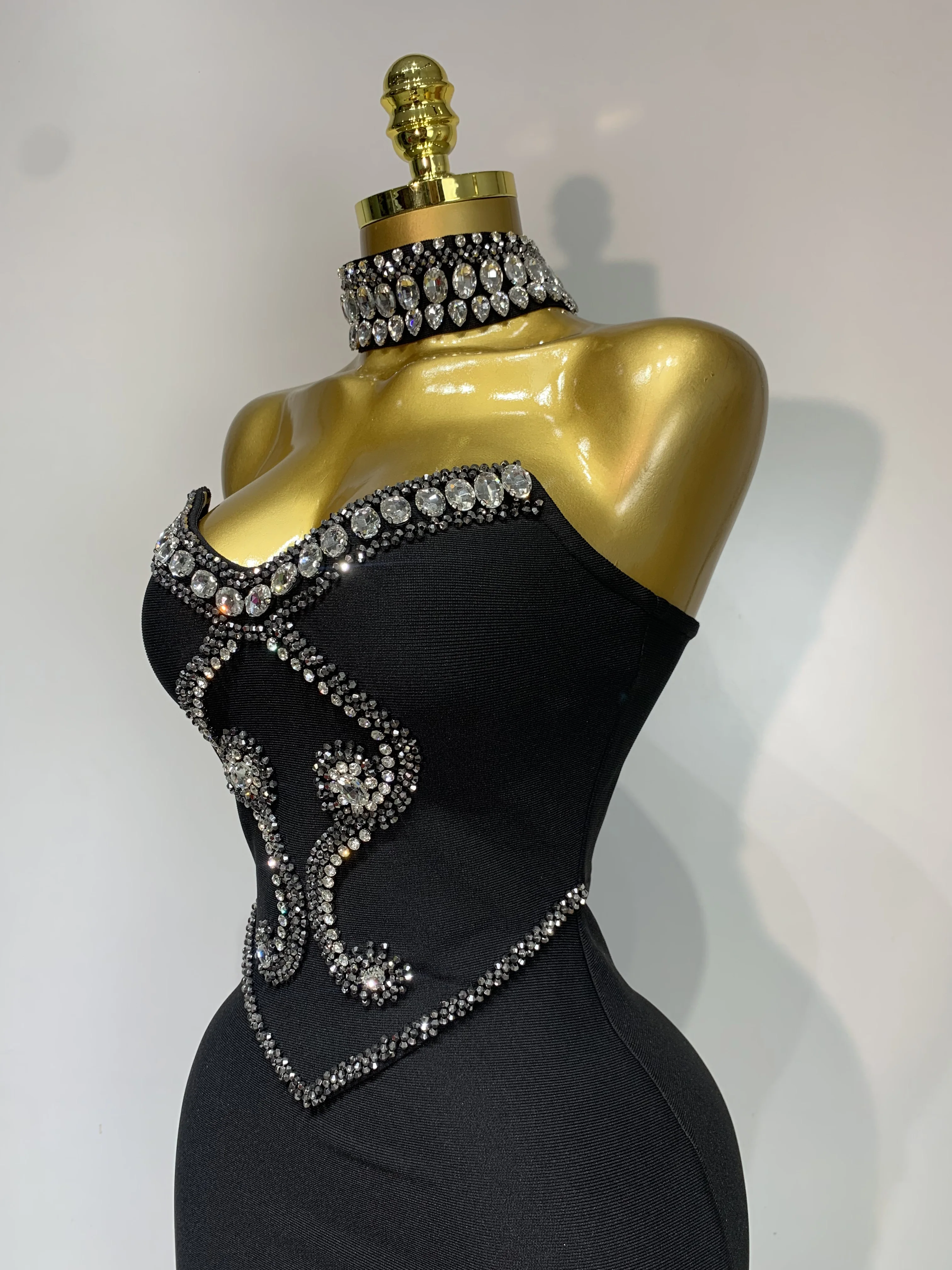 High Quality Strapless Beading With Necklace Bandage Dress Celebrity Elegant Evening Party Fancy Club Birthday Dresses