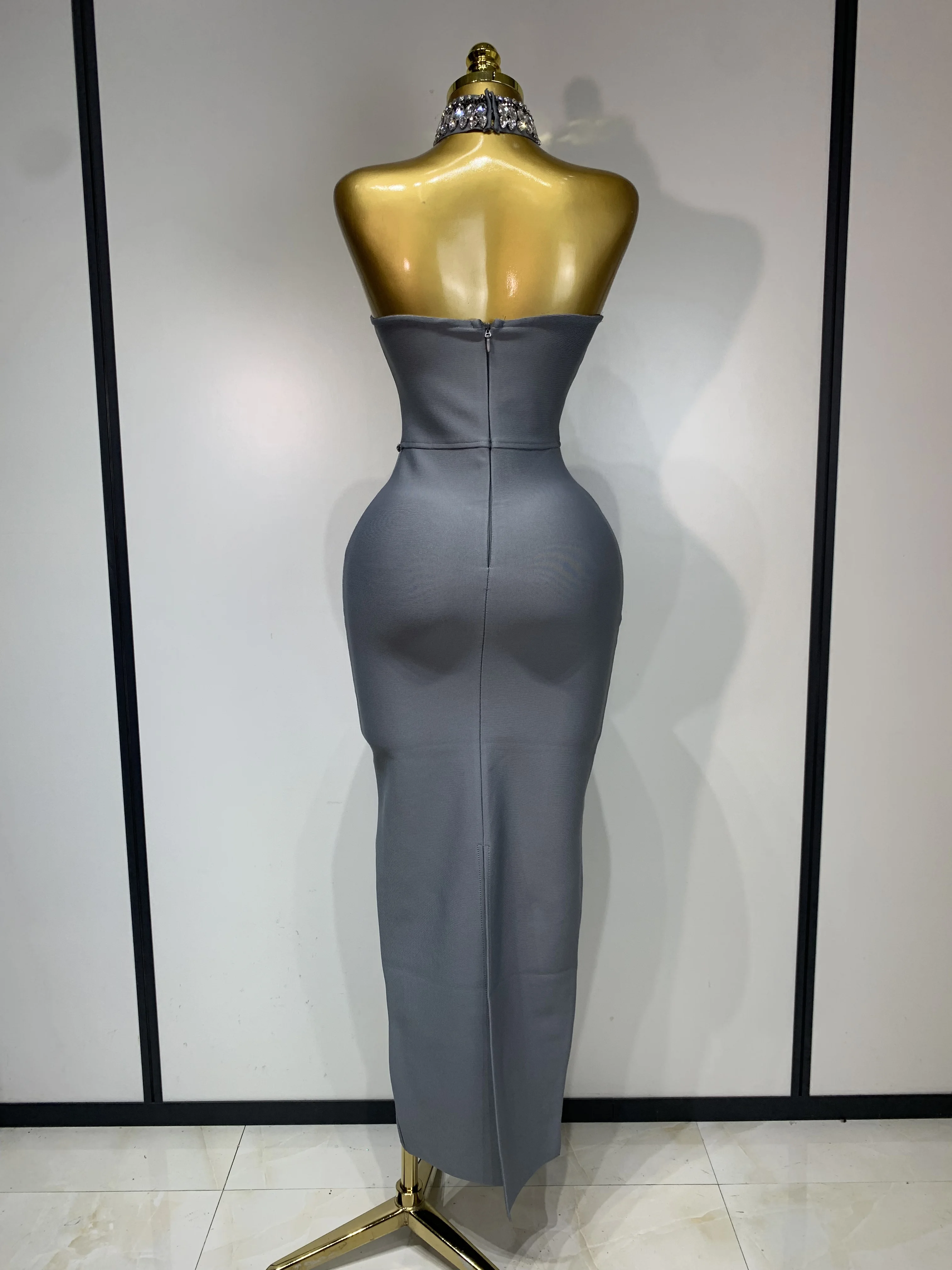 High Quality Strapless Beading With Necklace Bandage Dress Celebrity Elegant Evening Party Fancy Club Birthday Dresses