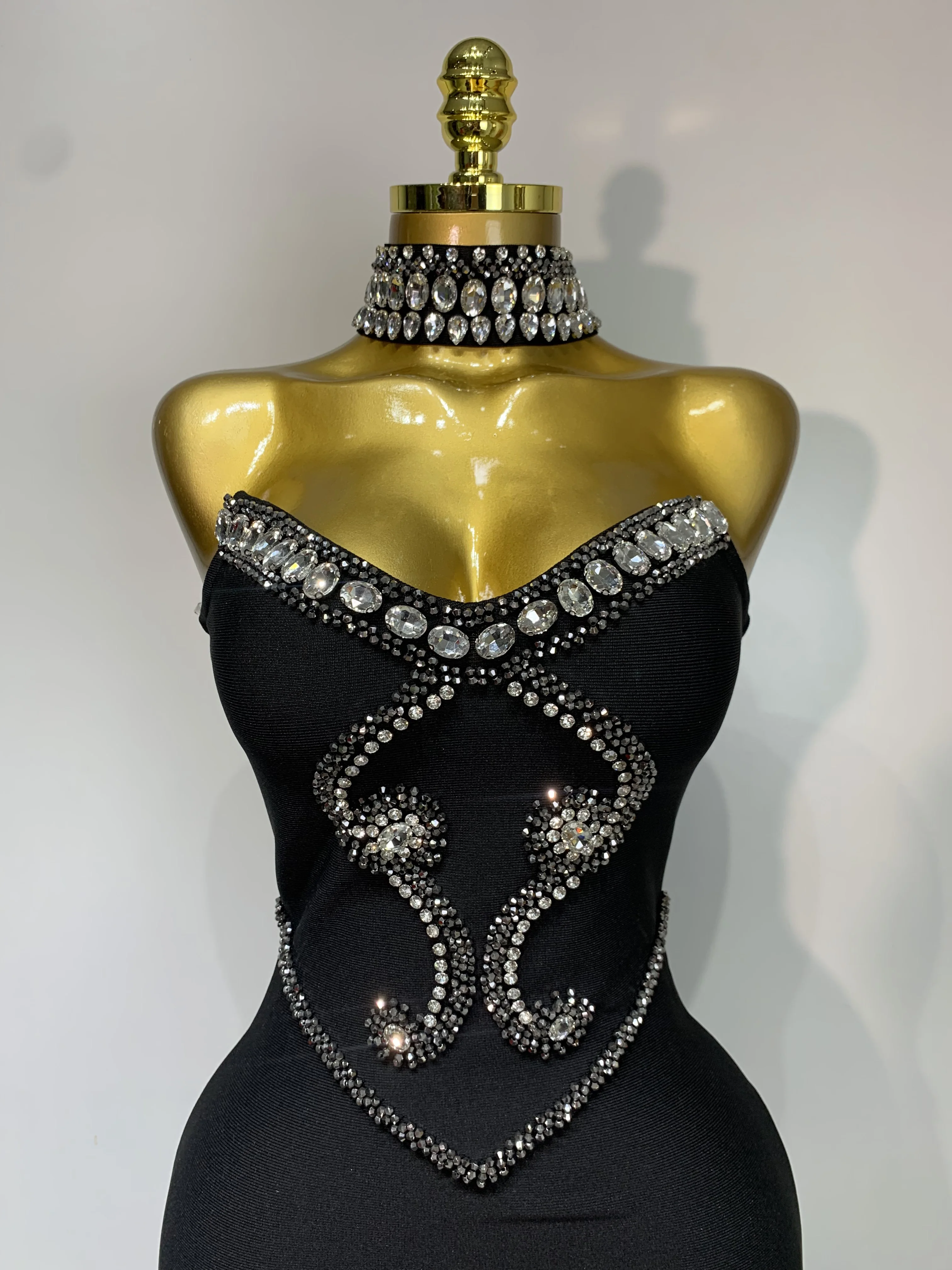 High Quality Strapless Beading With Necklace Bandage Dress Celebrity Elegant Evening Party Fancy Club Birthday Dresses