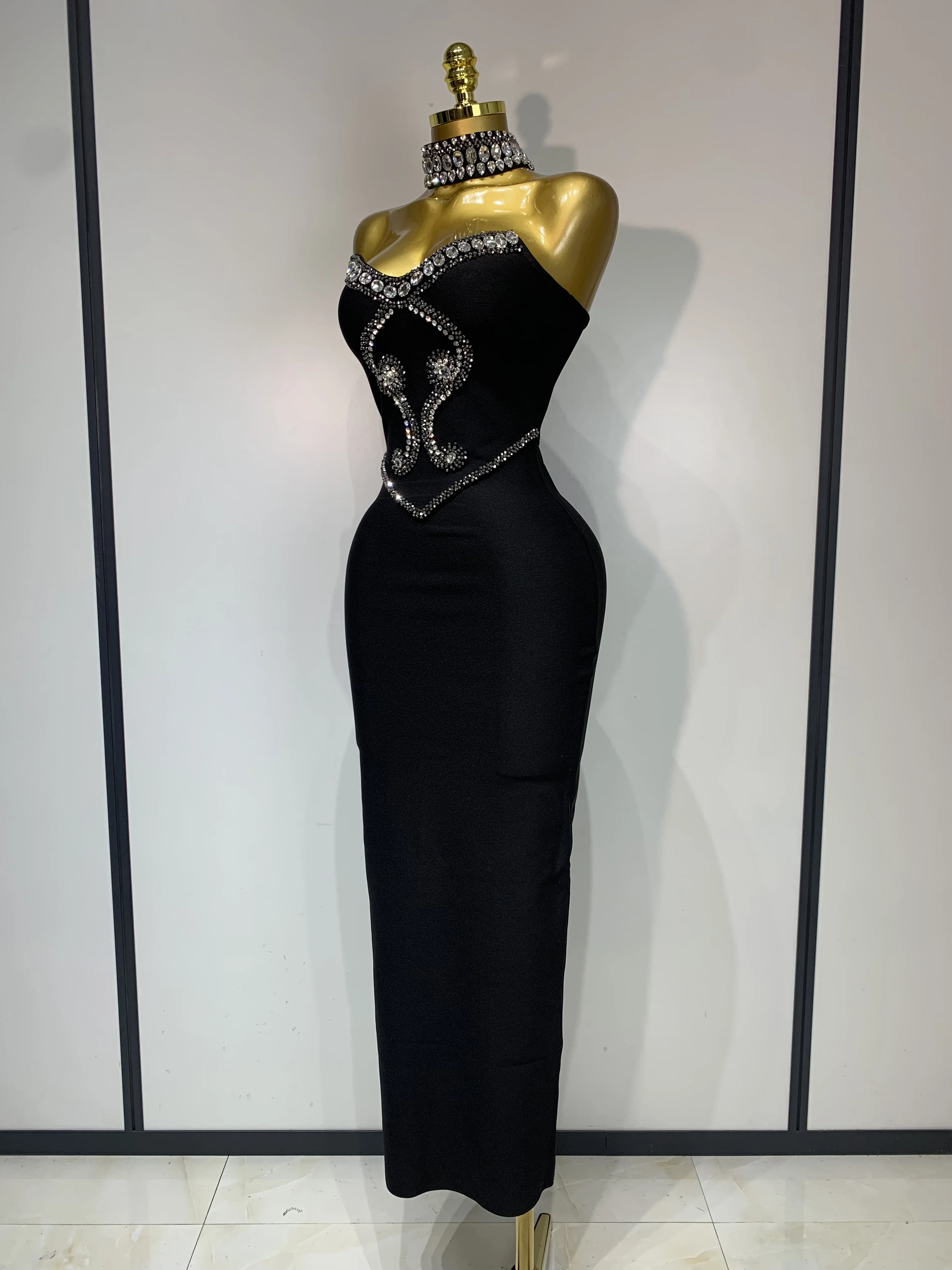 High Quality Strapless Beading With Necklace Bandage Dress Celebrity Elegant Evening Party Fancy Club Birthday Dresses