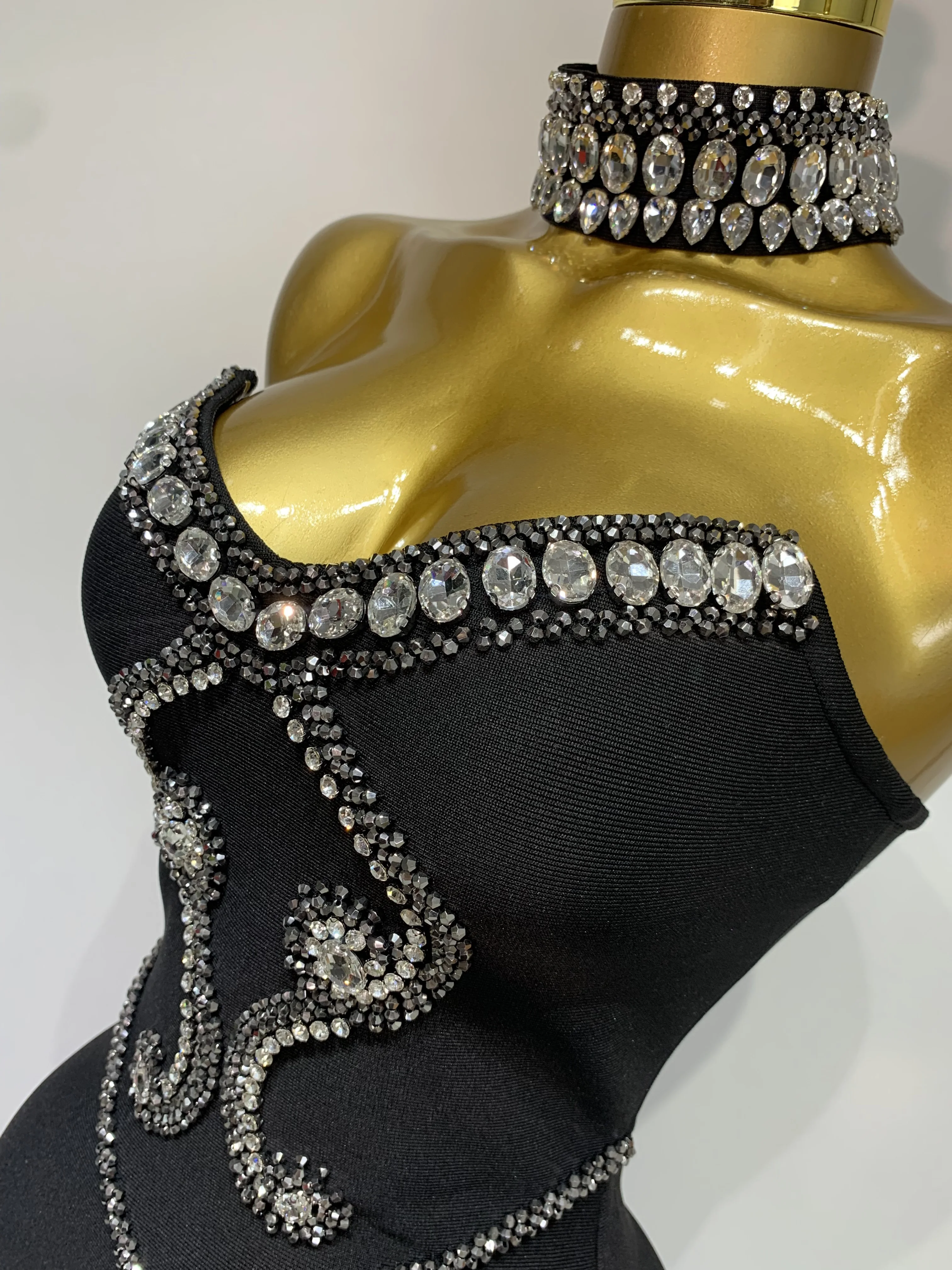 High Quality Strapless Beading With Necklace Bandage Dress Celebrity Elegant Evening Party Fancy Club Birthday Dresses