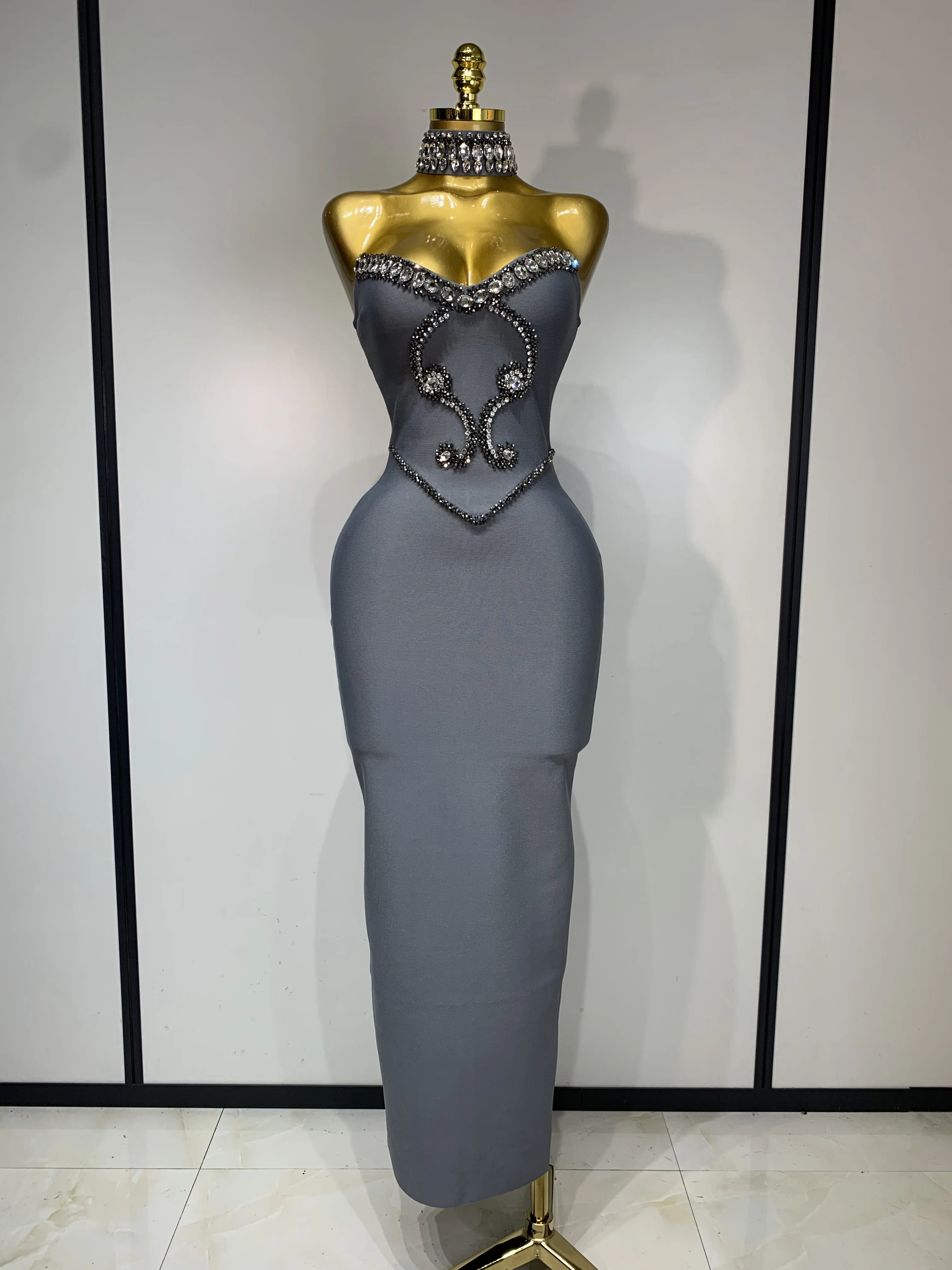 High Quality Strapless Beading With Necklace Bandage Dress Celebrity Elegant Evening Party Fancy Club Birthday Dresses