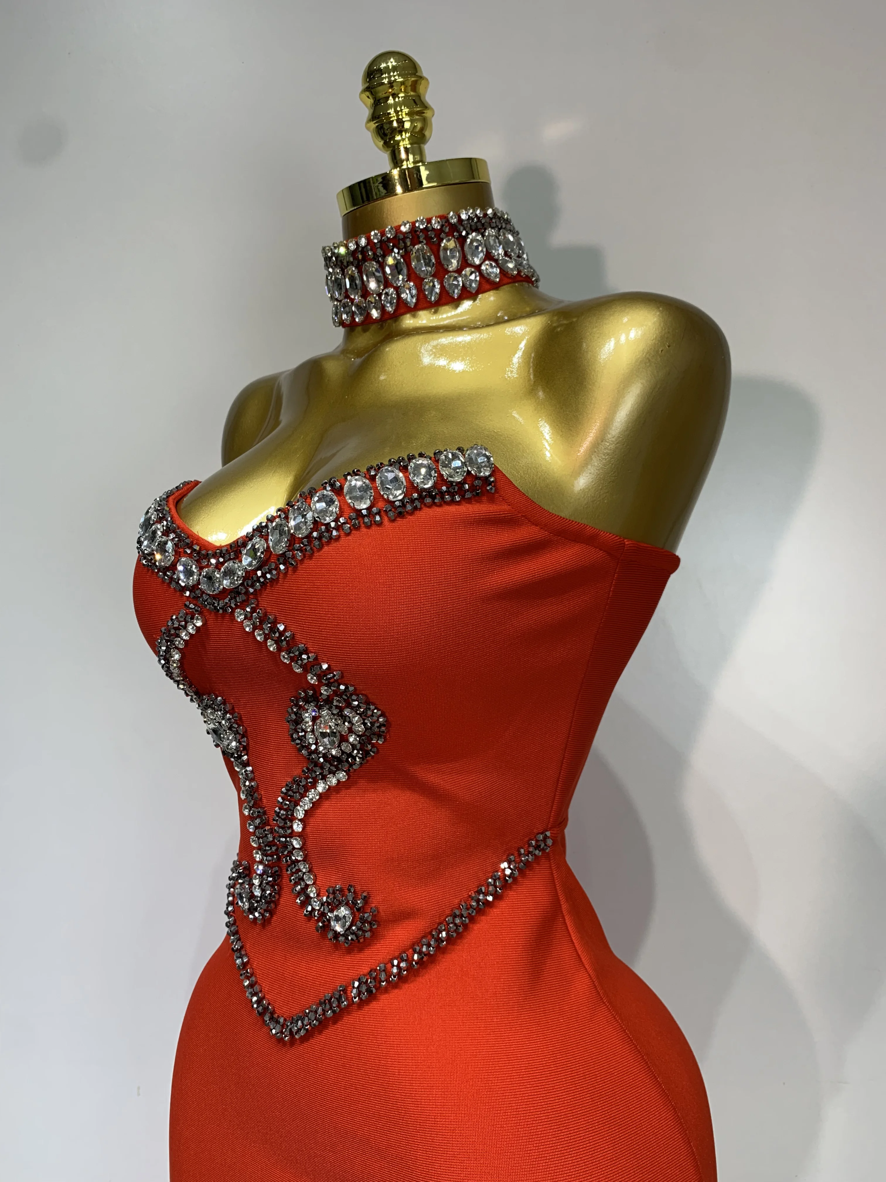High Quality Strapless Beading With Necklace Bandage Dress Celebrity Elegant Evening Party Fancy Club Birthday Dresses