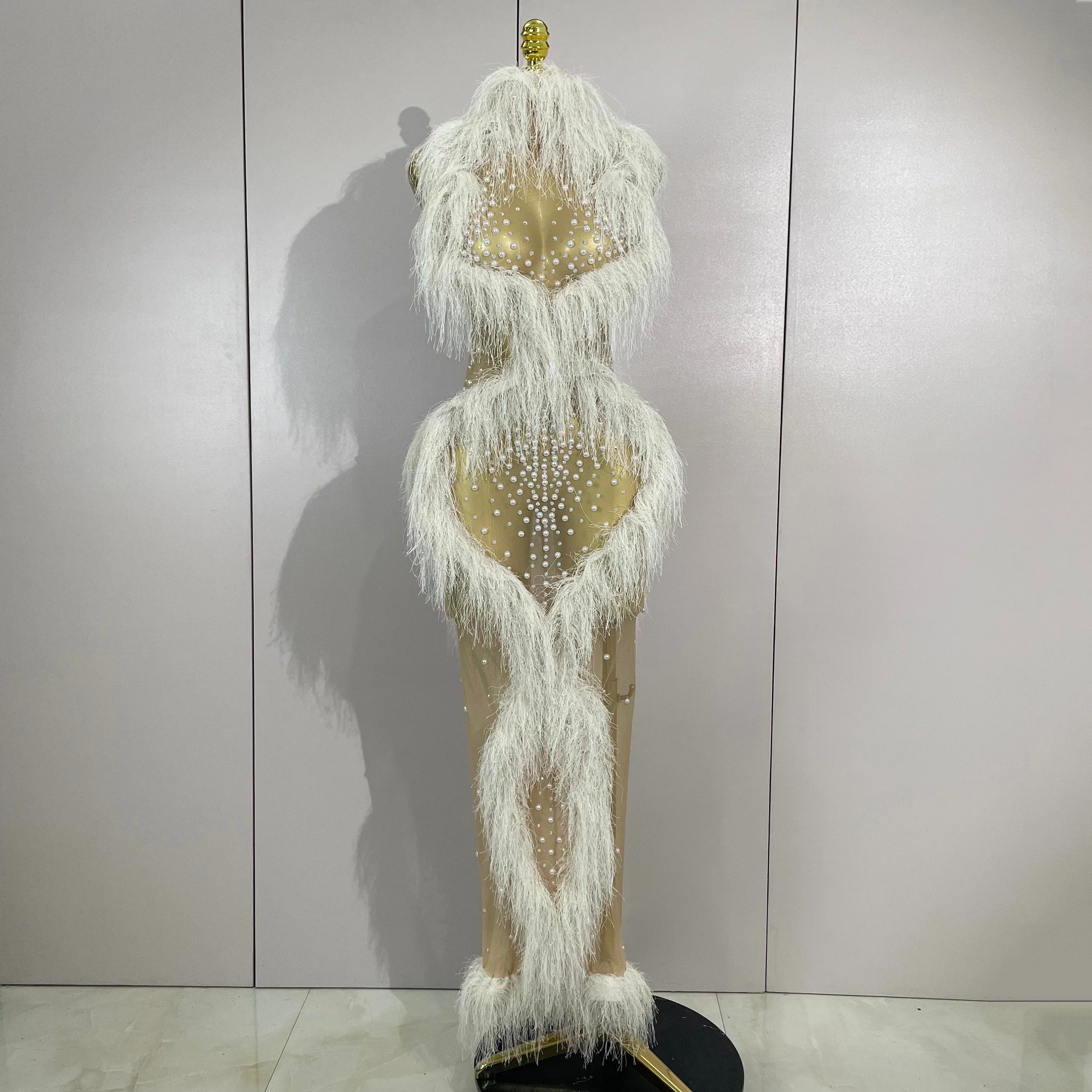 2026 New Sparkly Pearl Tassel Mesh See Through Long Dress Women Sexy Luxury Birthday Prom Party Nightclub Singer Stage Costume