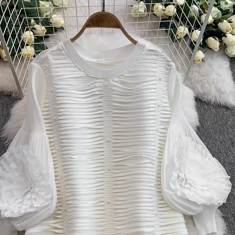 ANLAN Luxury Beading Hollow Out Tassels Pleated Miyake Dresses Women 3D Flower Splice Lantern Sleeve Loose Party Dress 2025 N