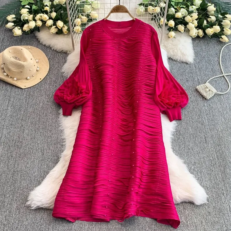 ANLAN Luxury Beading Hollow Out Tassels Pleated Miyake Dresses Women 3D Flower Splice Lantern Sleeve Loose Party Dress 2025 N