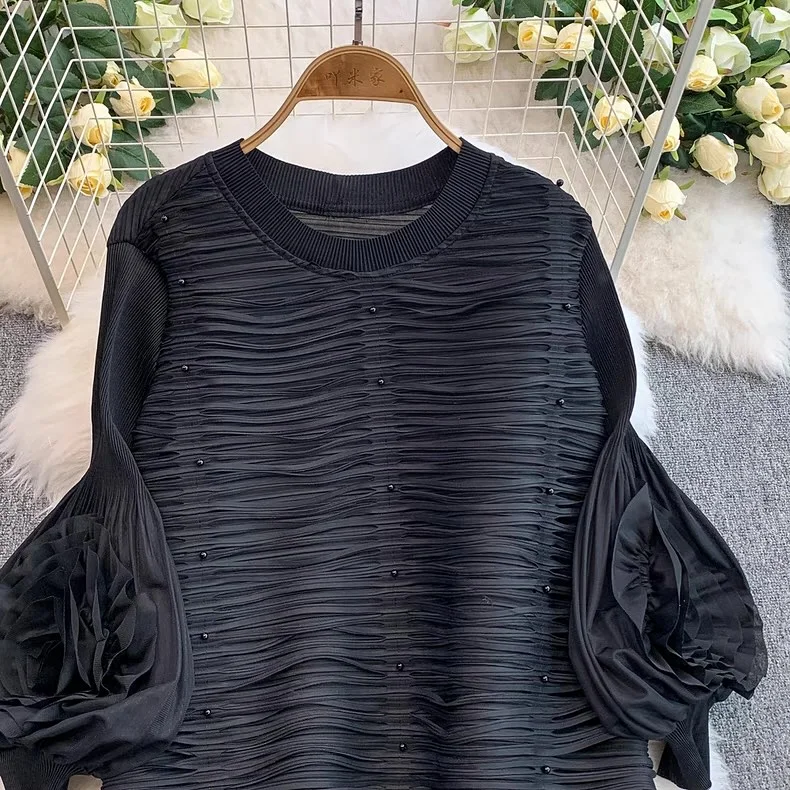 ANLAN Luxury Beading Hollow Out Tassels Pleated Miyake Dresses Women 3D Flower Splice Lantern Sleeve Loose Party Dress 2025 N