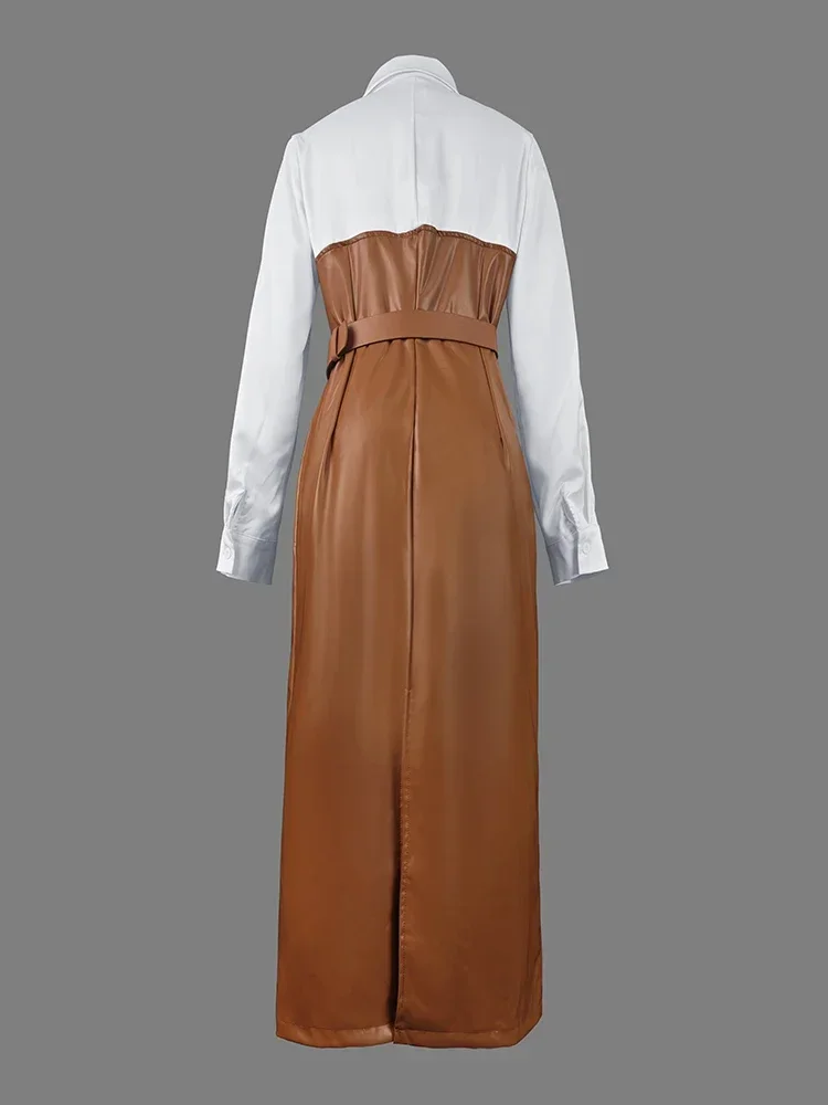 2025 Womens Dresses Shirt PU Skirt New Autumn Buttons Long Sleeve Patchwork Pocket Skinny Belted Lapel Female Midi Dress