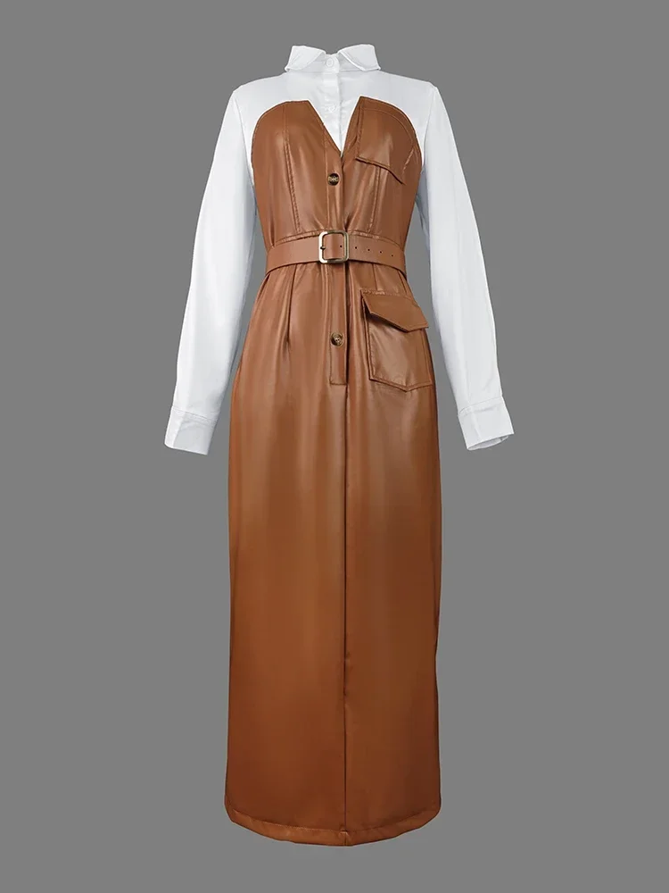 2025 Womens Dresses Shirt PU Skirt New Autumn Buttons Long Sleeve Patchwork Pocket Skinny Belted Lapel Female Midi Dress