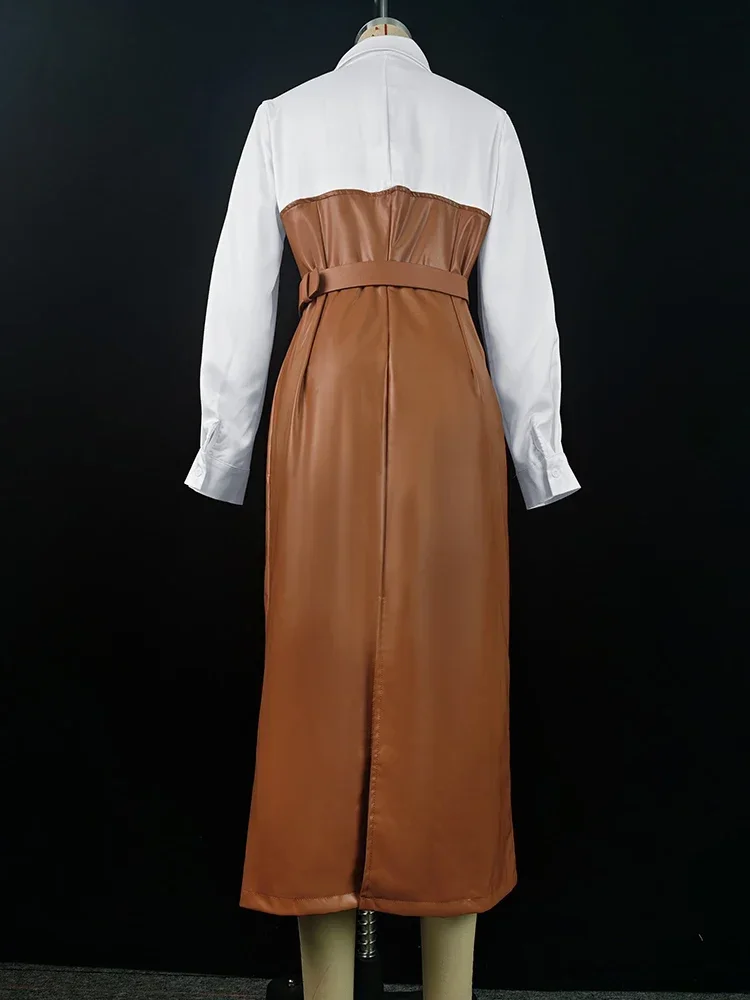2025 Womens Dresses Shirt PU Skirt New Autumn Buttons Long Sleeve Patchwork Pocket Skinny Belted Lapel Female Midi Dress