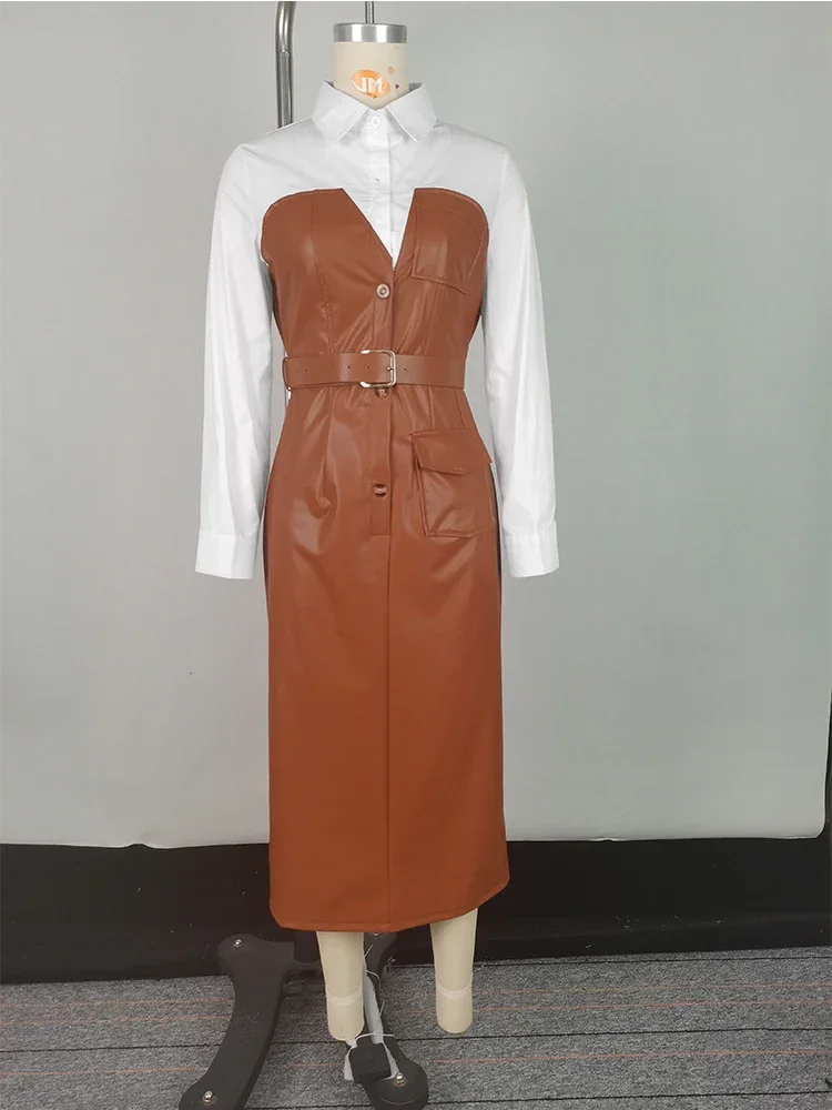 2025 Womens Dresses Shirt PU Skirt New Autumn Buttons Long Sleeve Patchwork Pocket Skinny Belted Lapel Female Midi Dress