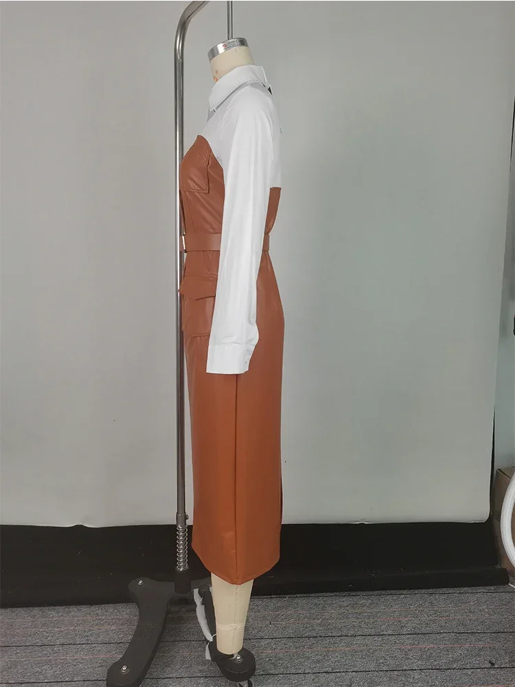 2025 Womens Dresses Shirt PU Skirt New Autumn Buttons Long Sleeve Patchwork Pocket Skinny Belted Lapel Female Midi Dress