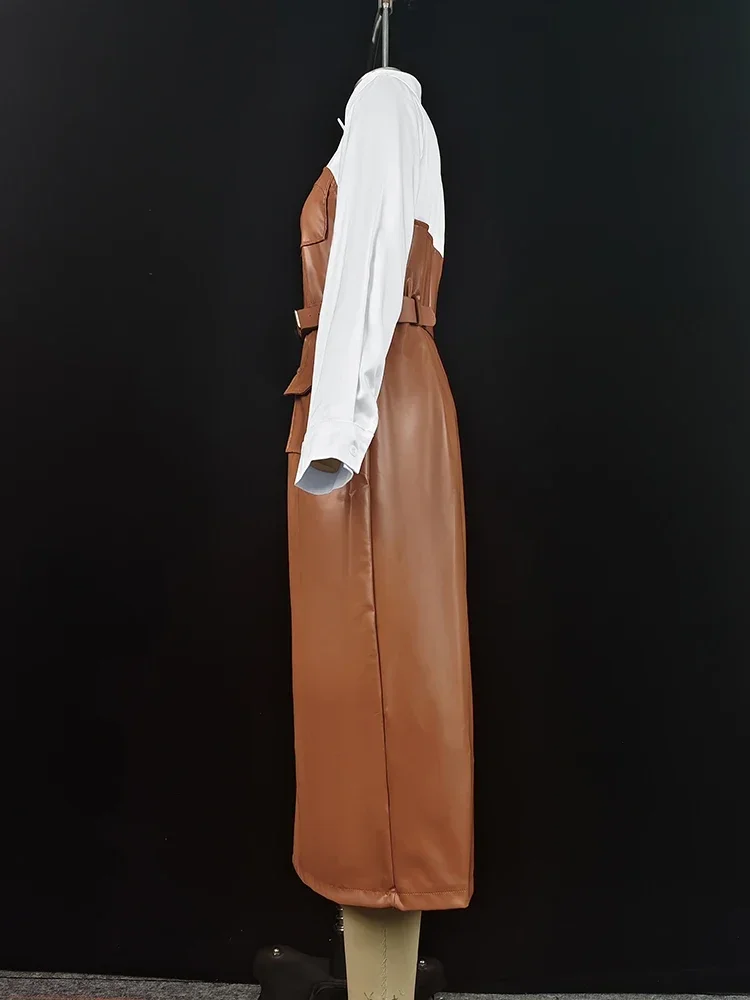 2025 Womens Dresses Shirt PU Skirt New Autumn Buttons Long Sleeve Patchwork Pocket Skinny Belted Lapel Female Midi Dress