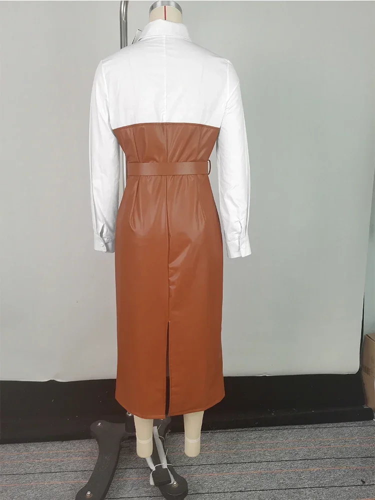 2025 Womens Dresses Shirt PU Skirt New Autumn Buttons Long Sleeve Patchwork Pocket Skinny Belted Lapel Female Midi Dress