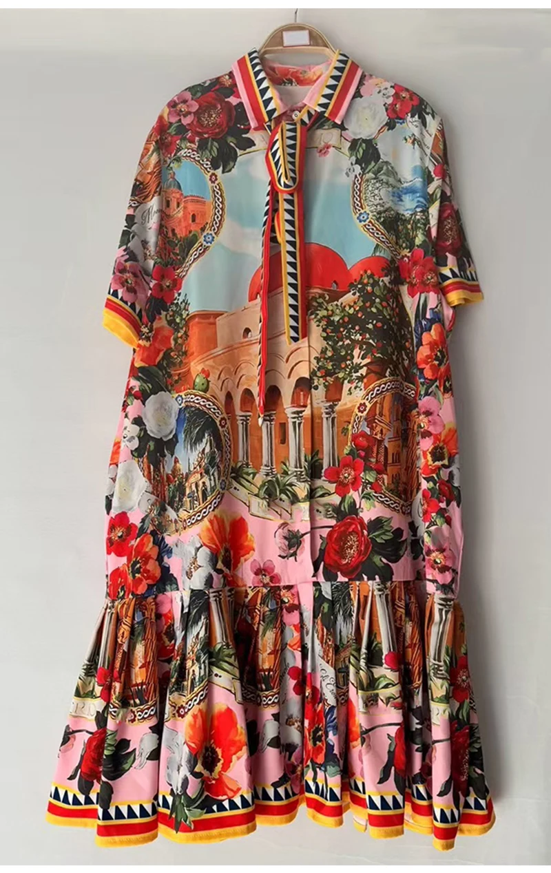 2026 Summer Women's New Fashion Geometric Print Lapel Short Sleeve Loose Dress Stitching Pleated Hem Temperament Straight Skirt.