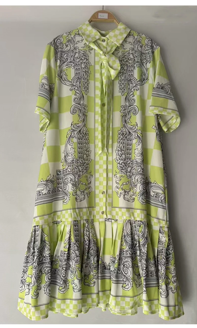 2026 Summer Women's New Fashion Geometric Print Lapel Short Sleeve Loose Dress Stitching Pleated Hem Temperament Straight Skirt.