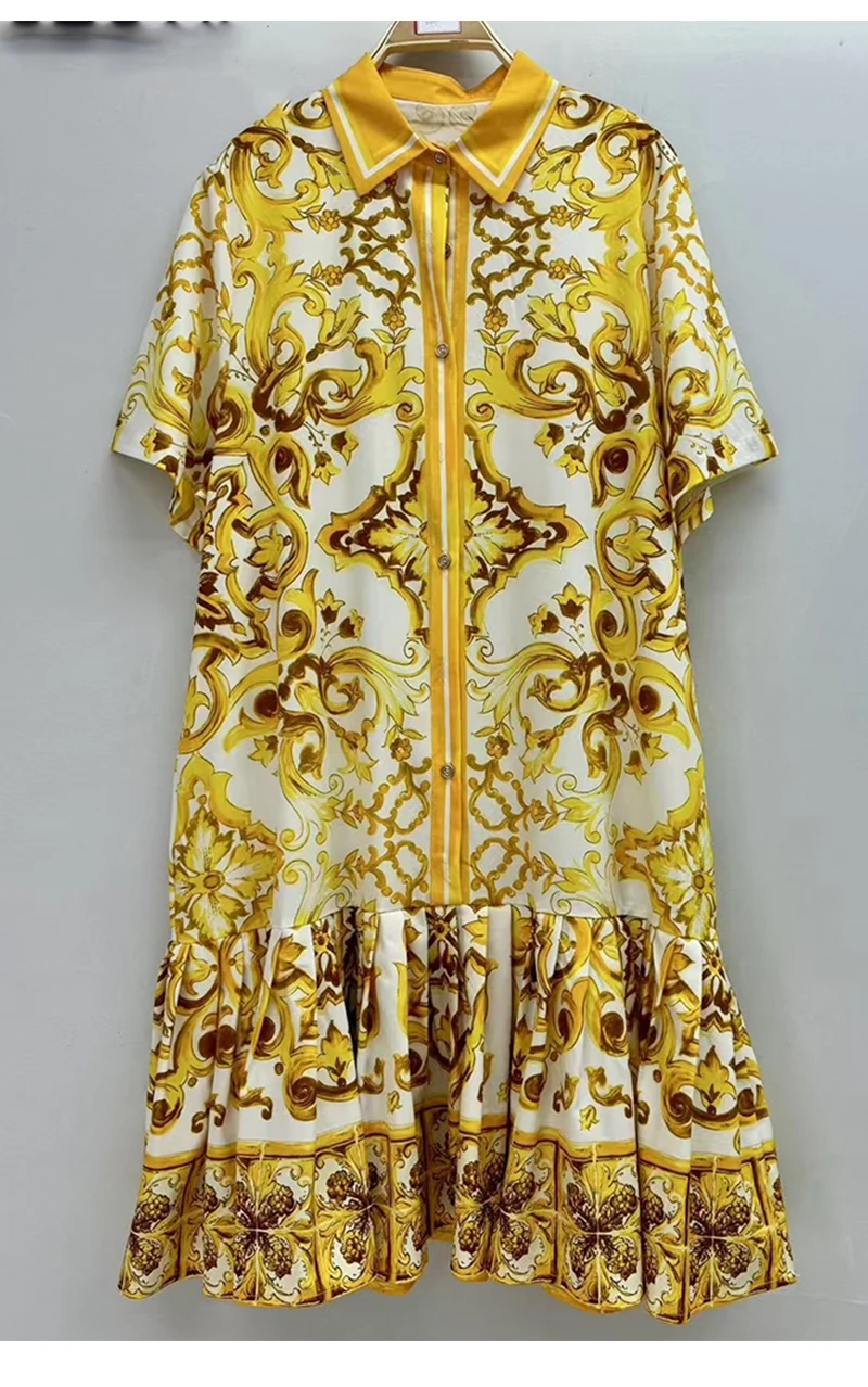 2026 Summer Women's New Fashion Geometric Print Lapel Short Sleeve Loose Dress Stitching Pleated Hem Temperament Straight Skirt.