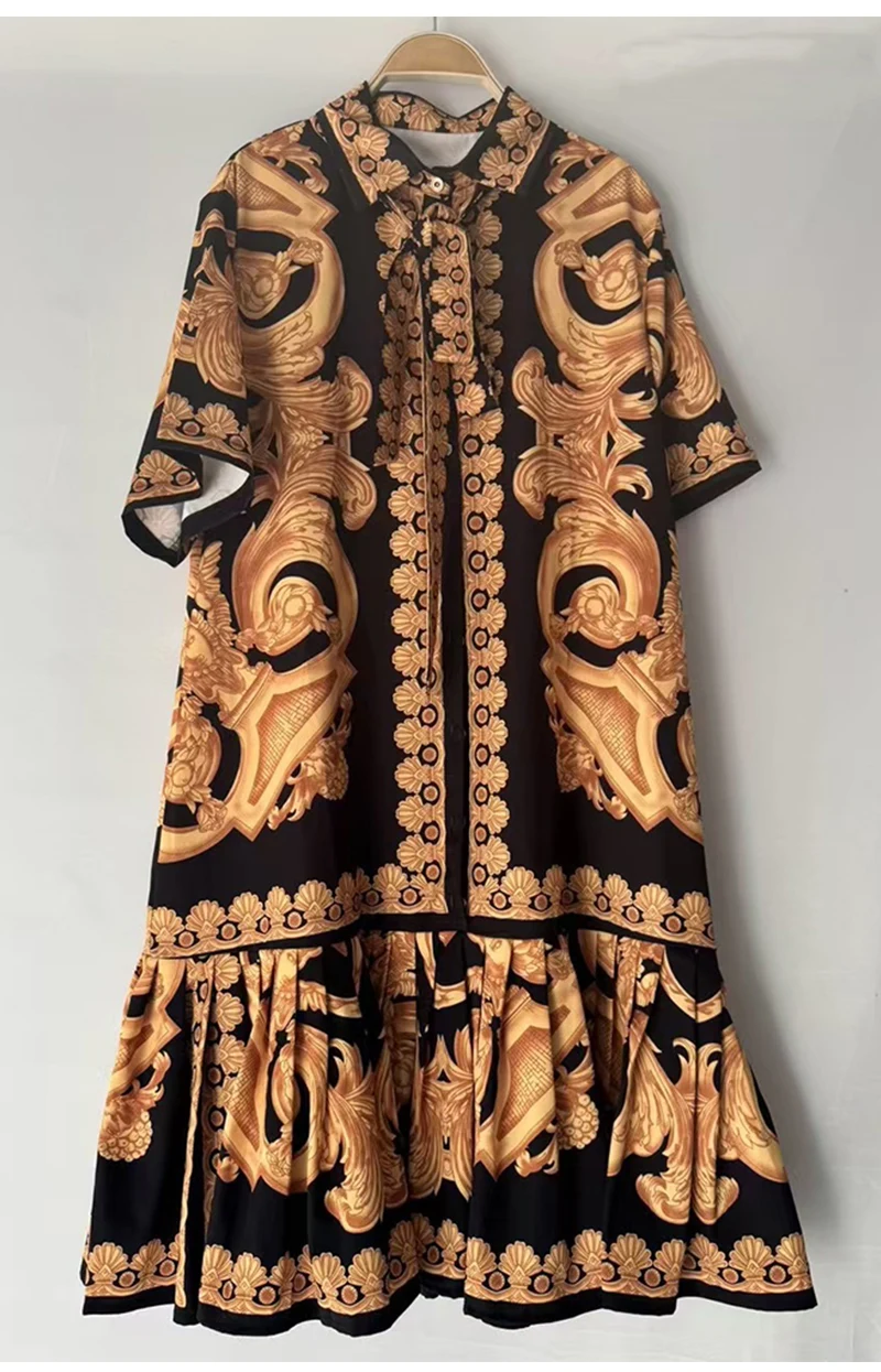 2026 Summer Women's New Fashion Geometric Print Lapel Short Sleeve Loose Dress Stitching Pleated Hem Temperament Straight Skirt.