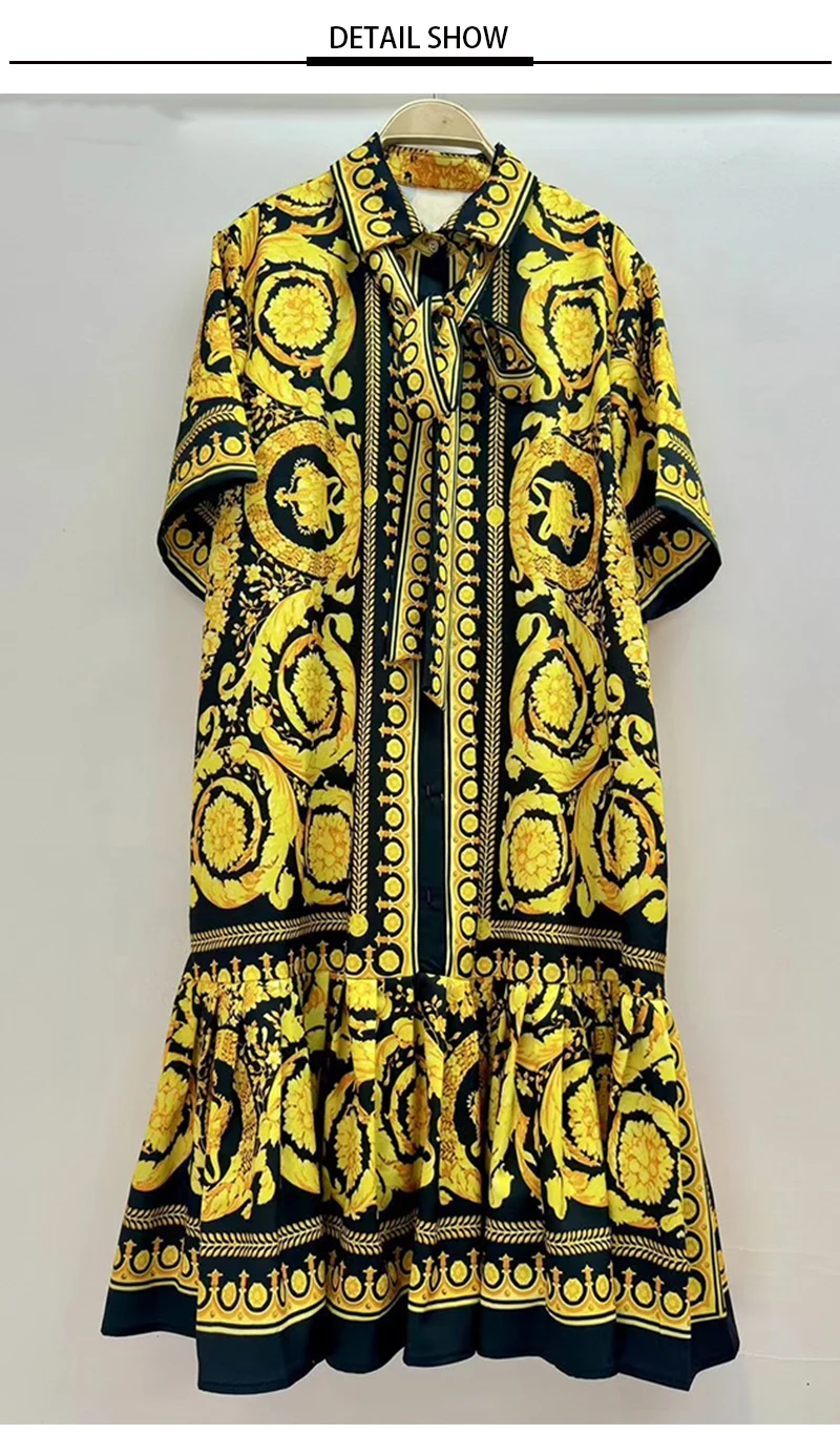 2026 Summer Women's New Fashion Geometric Print Lapel Short Sleeve Loose Dress Stitching Pleated Hem Temperament Straight Skirt.