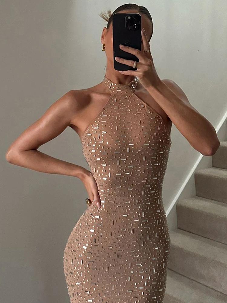 Cutenew Party Gown Dress Women Chic Sequin Applique Sleeveless Halter Fashion Stretch Skinny Elegant Banquet Club Bodycon