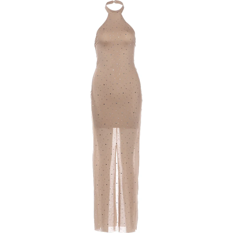 Cutenew Party Gown Dress Women Chic Sequin Applique Sleeveless Halter Fashion Stretch Skinny Elegant Banquet Club Bodycon