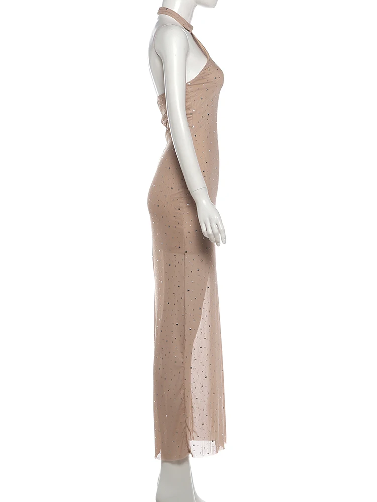 Cutenew Party Gown Dress Women Chic Sequin Applique Sleeveless Halter Fashion Stretch Skinny Elegant Banquet Club Bodycon