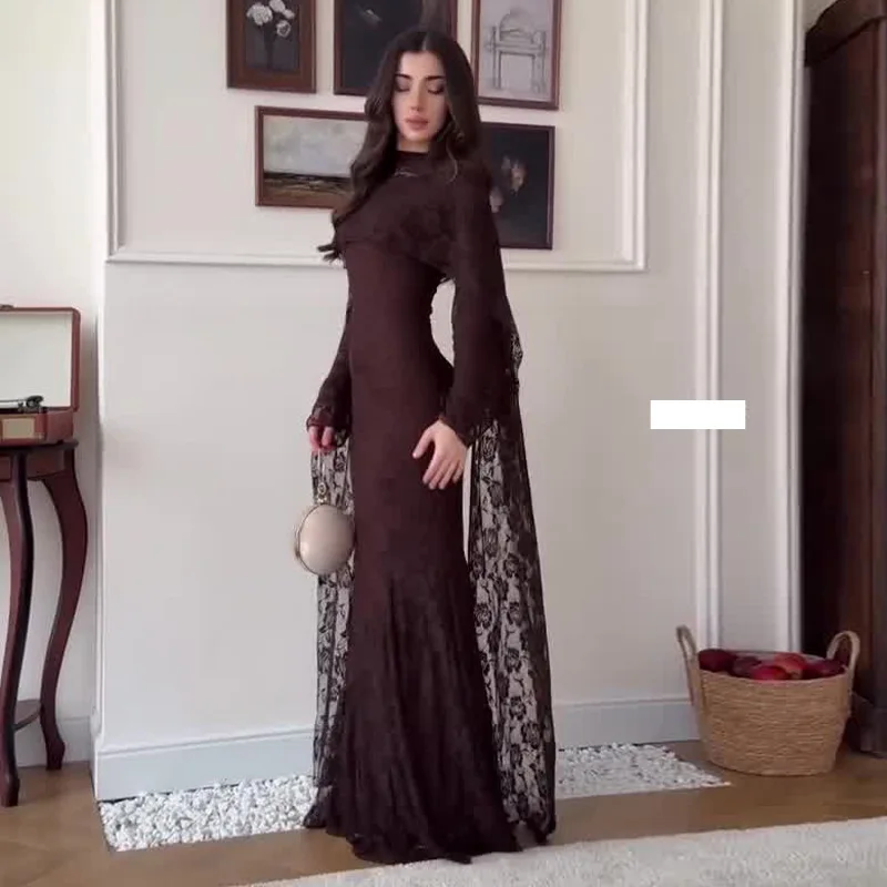 Long Dress Women Lace Dresses A Line Vestidos Round Neck Full Sleeve Hip Wrap Shawl Mermaid Elegant Slim Evening Wedding 2026