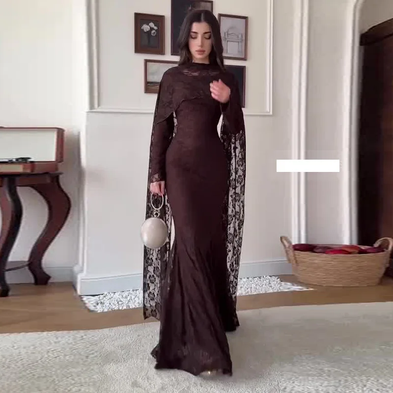 Long Dress Women Lace Dresses A Line Vestidos Round Neck Full Sleeve Hip Wrap Shawl Mermaid Elegant Slim Evening Wedding 2026