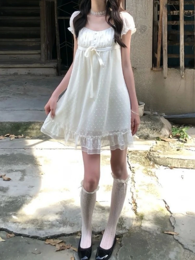 French Elegant Slim Short Sleeve Dress 2000s Harajuku Vintage Sweet Short Party Dress Y2k Japan Style Lolita Kawaii Mini Dress