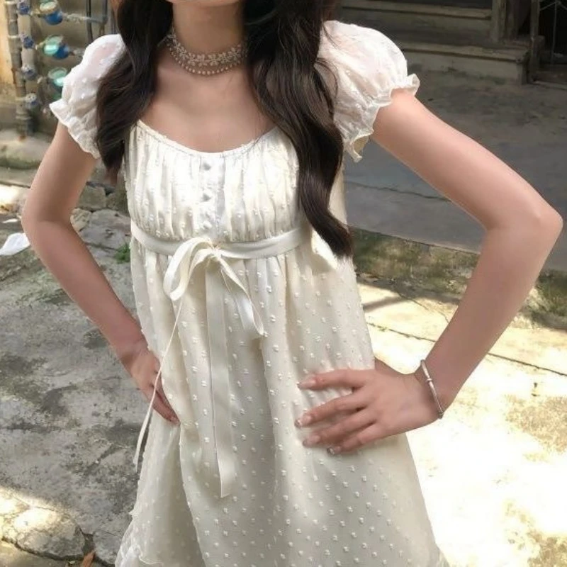 French Elegant Slim Short Sleeve Dress 2000s Harajuku Vintage Sweet Short Party Dress Y2k Japan Style Lolita Kawaii Mini Dress