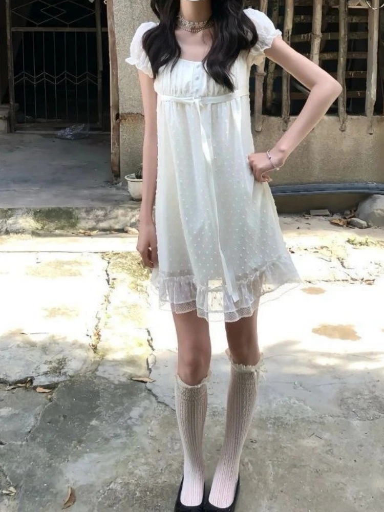 French Elegant Slim Short Sleeve Dress 2000s Harajuku Vintage Sweet Short Party Dress Y2k Japan Style Lolita Kawaii Mini Dress
