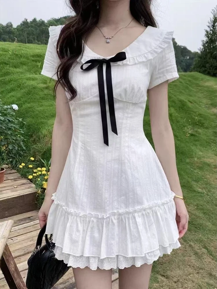 French Elegant Slim Short Sleeve Dress 2000s Harajuku Vintage Sweet Short Party Dress Y2k Japan Style Lolita Kawaii Mini Dress