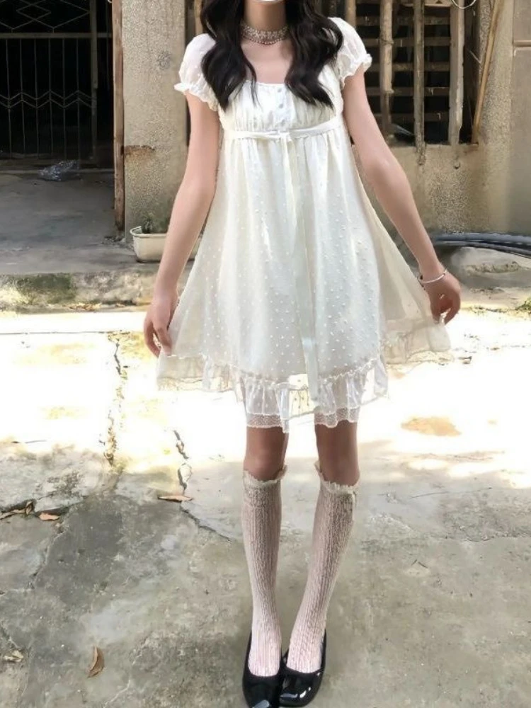 French Elegant Slim Short Sleeve Dress 2000s Harajuku Vintage Sweet Short Party Dress Y2k Japan Style Lolita Kawaii Mini Dress